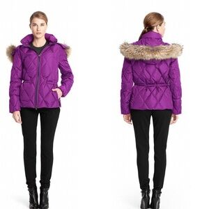 Coach Purple Puffer Jacket with Faux Fur Trim